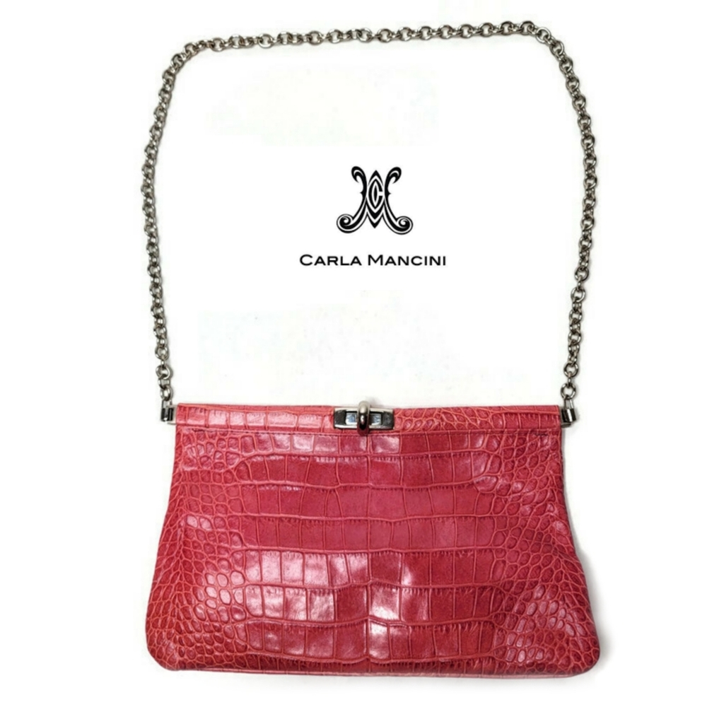 Carla Mancini embossed pink crocodile pattern chain strap purse.